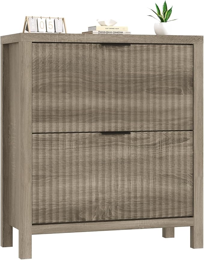 Shoe Cabinet Storage for Entryway, Fluted Shoe Cabinet with 2 Flip Drawers, Hidden Shoe Rack Tall Freestanding Shoe Organizer with Legs for Hallway, Gray
