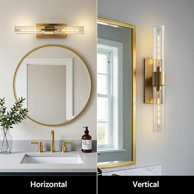 Brass Wall Sconce Set of Two, Gold Bathroom Wall Sconce Vanity Light Over Mirror, 22.8" Gold Sconce with Glass Tube, Horizontal or Vertical Linear Sconce Wall Lighting for Living Room, Bedroom