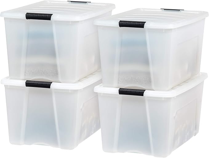 IRIS USA 72 Qt Stackable Plastic Storage Bins with Lids, 4 Pack - BPA-Free, Made in USA - Discreet Organizing Solution, Latches, Durable Nestable Containers, Secure Pull Handle - Pearl