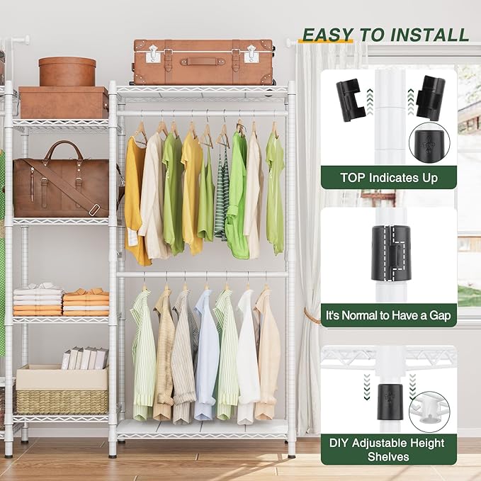 LEHOM G6M Heavy Duty Clothes Rack for Hanging Clothes, Portable Garment Rack Compact Size Closet Organizer, Freestanding Metal Clothing Rack Wardrobe Closet with Storage Shelves for Bedroom, White