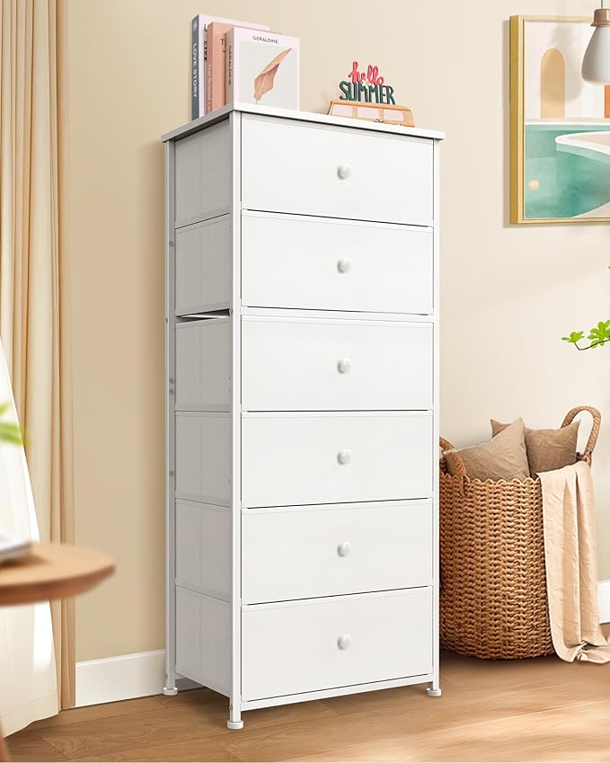 Tall Fabric Dresser for Bedroom, Vertical Storage Organizer Tower with 6 Drawers, Chest of Drawers with Bins, Steel Frame, Wood Top for Bedroom, Closet, Entryway White