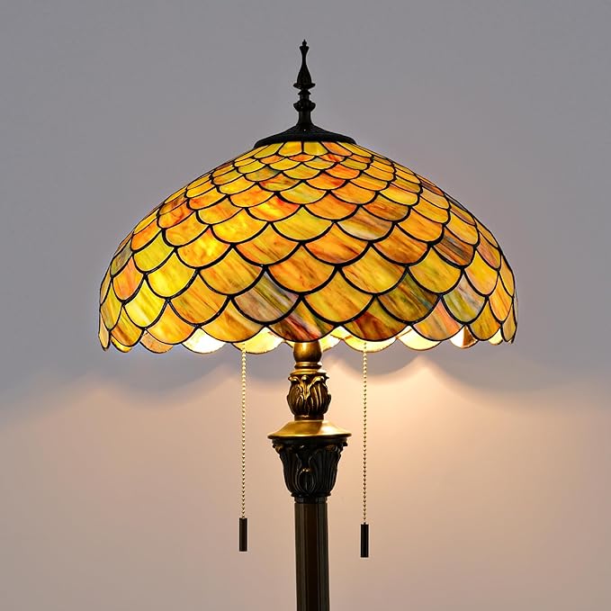Tiffany Floor Lamp Green Wisteria Style Stained Glass Standing Reading Light 16x16x64 Inch Retro Inspired Pole Corner Lighting Art Decor for Bedroom Living Room Home Office (Green Fishscale)