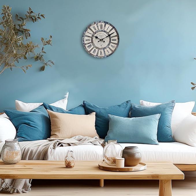 16 Inch Vintage Wall Clock, Roman Numerals Style, Battery Operated, Non-Ticking, Large Farmhouse Clock, Rustic Wall Decor, Perfect for Home, Kitchen, Living Room