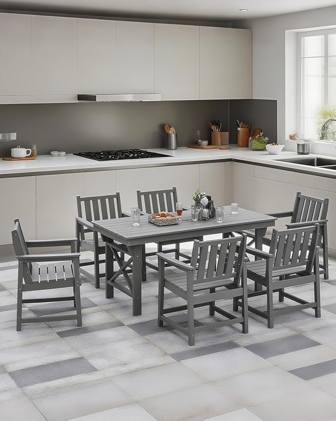 QUASCO Outdoor HDPE Dining Table Set, 7-Piece Outdoor Patio Dining Sets with Umbrella Hole Cut-Out Table and 6 Chairs for Backyard, Deck, Garden and Poolside, Gray