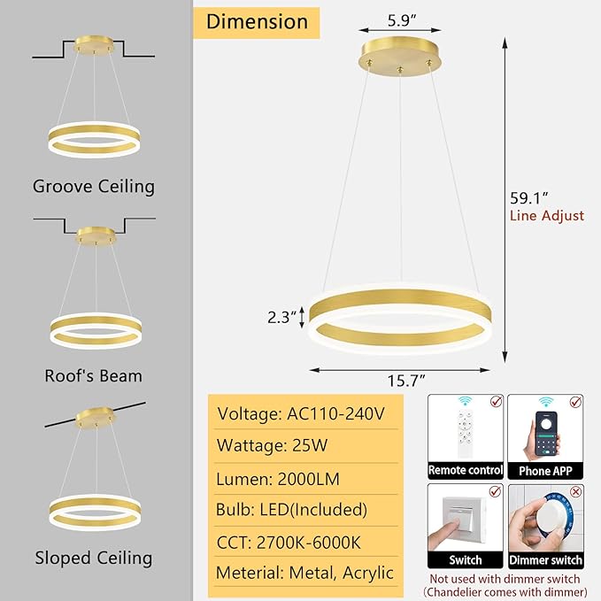 D15.7'' Modern Ring Chandelier for Dining Room LED Dimmable Pendant Lighting High Ceiling Chandelier for Living Room Foyer Bedroom Entryway 3000K-6000K Gold