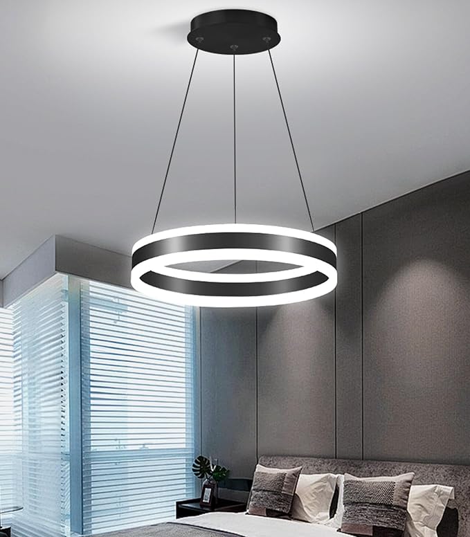 D15.7'' Modern Ring Chandelier for Dining Room LED Dimmable Pendant Lighting High Ceiling Chandelier for Living Room Foyer Bedroom Entryway 3000K-6000K Black