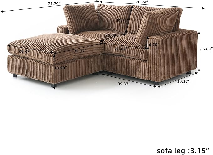 JACH 78.74" Love Seat Sectional Couches, Convertable Modular Sofa with Chaise Ottoman, Modern Deep Seat Couch, Sofa Covers Washable, Minimalist Plush Sofas for Living Room, Apartment, Brown