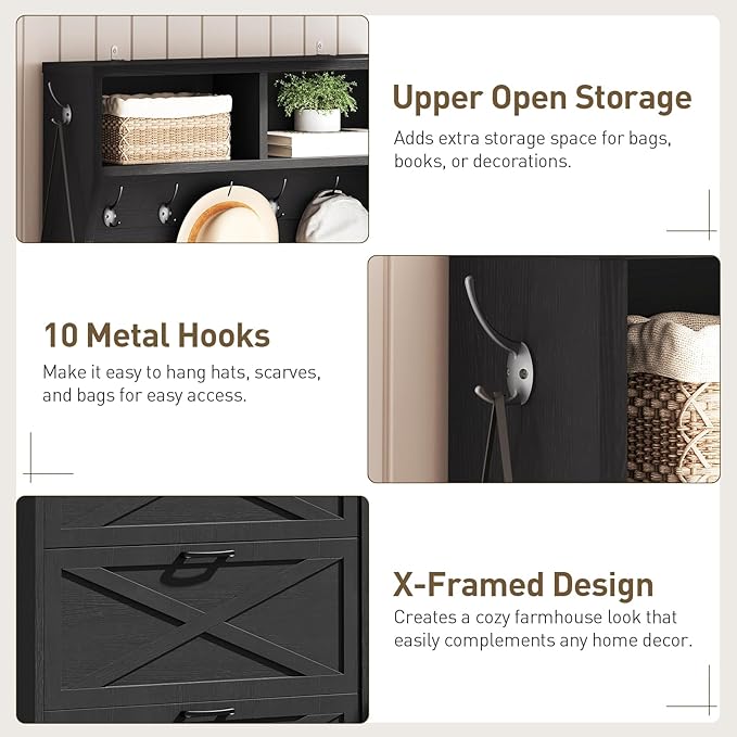 Farmhouse Tall Shoe Cabinet with Coat Rack, Narrow Hidden Shoe Storage Cabinet with 3 Flip Drawers, 2 in 1 Hall Tree with Hooks, Narrow Shoe Organizer for Entryway, Hallway, Black