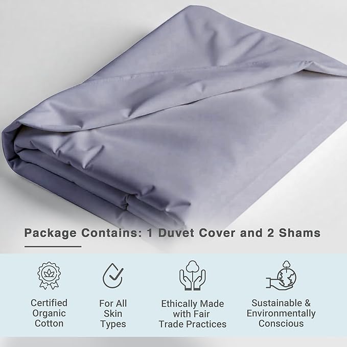 Fabdreams GOTS Certified 100% Organic Cotton Duvet Cover Queen Size - 400 TC Sateen - Soft - Silky - Zipper Closure - Edge Ties - 1 Duvet Cover (90"x92")+2 Pillow Shams (20"x26") - Light Gray, 3 Piece