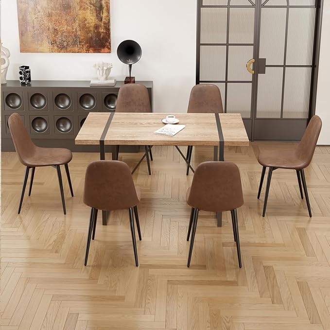 7 Piece Dining Table Set for 6,Modern 55'' Rectangle Wood Dining Table and Fabric Dining Chairs 6,Kitchen Table and Chairs for 6,Ideal for Kitchen Dining Room