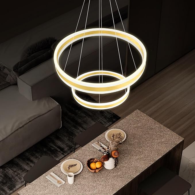 D7.8''+15.7'' Modern Ring Chandelier for Dining Room LED Dimmable Pendant Lighting for Living Room Foyer Bedroom Entryway 3000K-6000K Gold