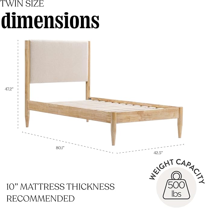 DG Casa Reign Boucle Mid-Century Modern Twin Size Wooden Platform Bed Frame - Upholstered in Taupe Boucle - Solid Wood with Natural Finish