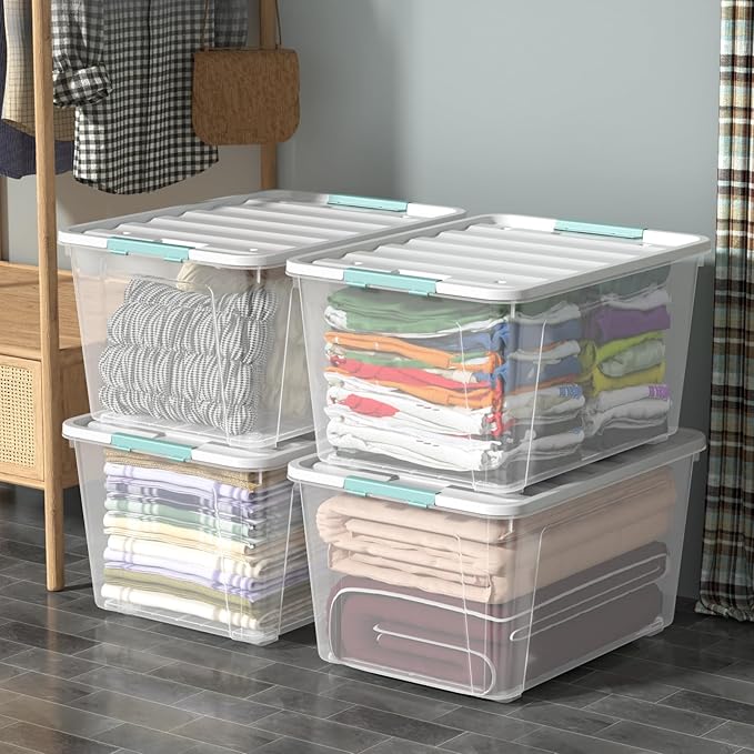 85 Quart Plastic Storage Bin with Latching Lid, Large Clear Storage Box, 4 Pack