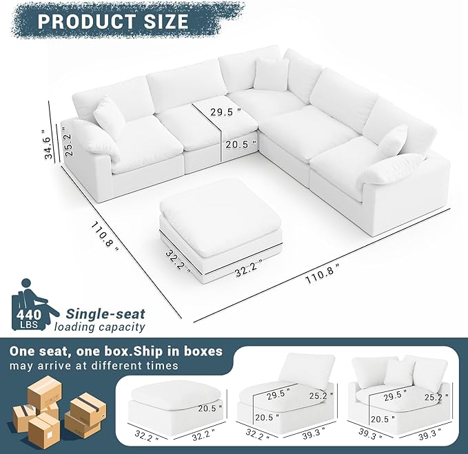 Oversized Cloud Sectional Couch for Living Room, 110.8" Comfy Down Filled Sofa Couch, 5 Seater Modular Sectional Sofa with Ottoman, Deep Seat Modular Couches Removable Covers, White