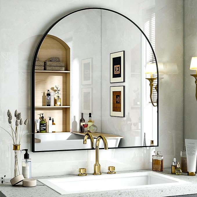 Arched Bathroom Mirror, 32x34 Inch - Wall Mounted Vanity Mirror with Aluminum Alloy Frame - Ideal for Living Room, Bedroom, Bathroom, and Entryway, Hanging or Leaning, Black