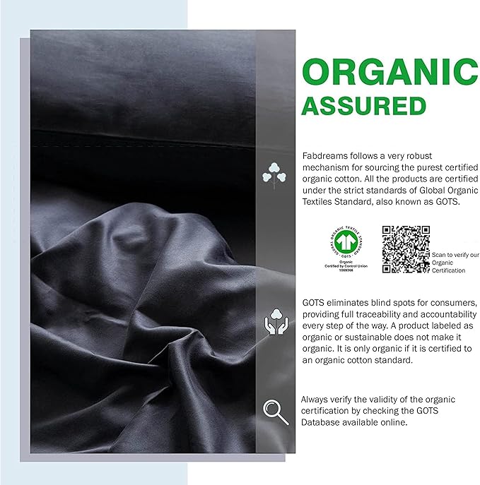 Fabdreams GOTS Certified 100% Organic Cotton Duvet Cover King Size - 400 TC Sateen - Soft - Silky - Zipper Closure - Edge Ties - 1 Duvet Cover (106"x92")+2 Pillow Shams (20"x36") - Dark Gray, 3 Piece