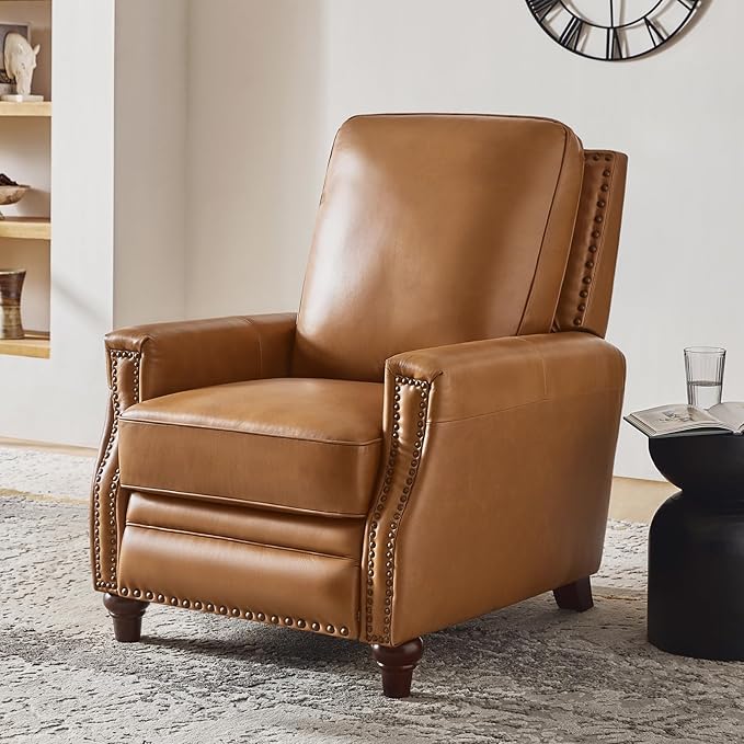 HULALA HOME Genuine Leather Recliner Chair, Classic Push Back Manual Recliner Armchair with Thick Seat and Backrest for Bedroom Living Room Reading Home Relax Office(Camel)