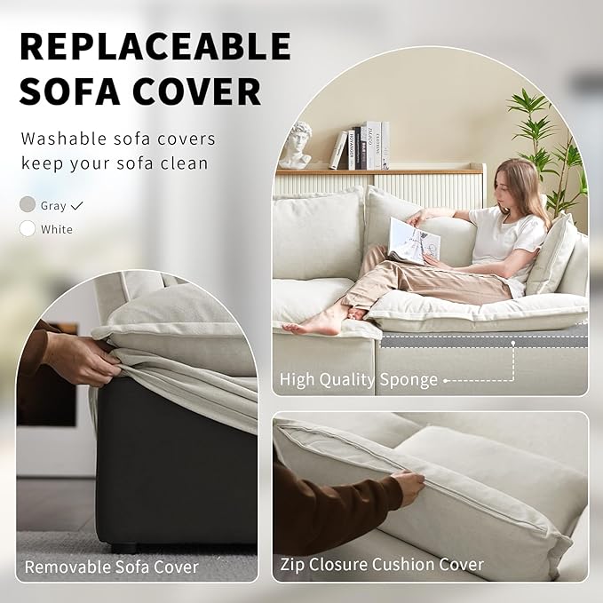 Cloud Sectional Sofa, V Shape Convertible Modular Couches, Down Fill Sectional Sofa,Detachable Couch Cushion Covers, 3 Seater Corner Sofa for Living Room,Grey