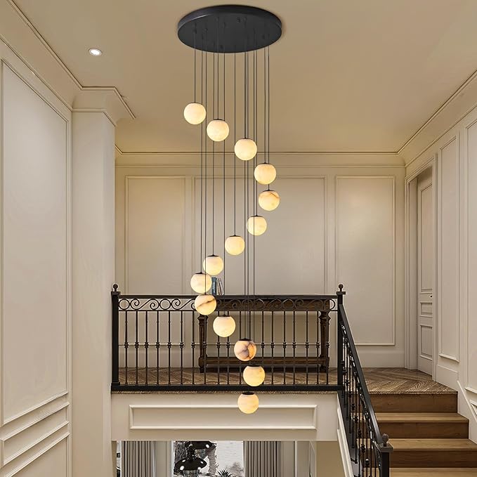 Black Alabaster Chandelier,14-Lights Staircase Chandelier for Entryway, Modern Marble Hanging Light Fixture, Hight Ceiling, Foyer, Living Room, Staircase, Entry