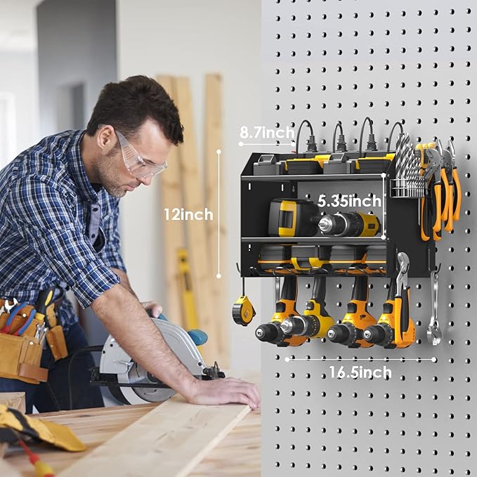 CCCEI Modular Power Tool Organizer Wall Mount with Charging Station. Garage 4 Drill Storage Shelf with Hooks, Screwdriver, Drill Bit Heavy Duty Rack, Tool Battery Holder Built in 8 Outlet Power Strip.