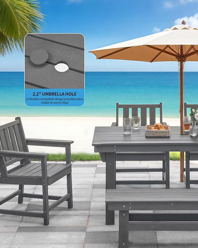 QUASCO HDPE Outdoor Dining Set for 6, Patio Dining Furniture Set with Umbrella Hole Cut-Out Table and 1 Bench and 4 Chairs, All Weather Outdoor Dining Bench Sets, Gray