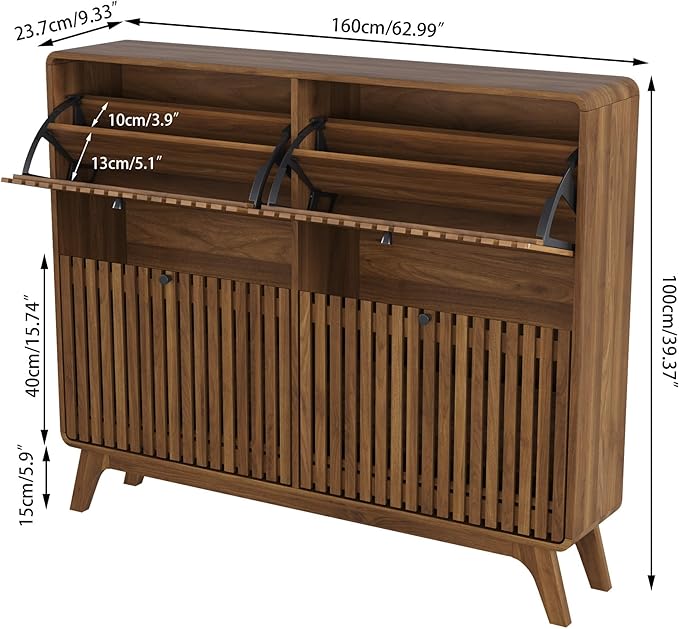 Large Shoe Cabinet for Entryway, Bamboo Narrow Shoe Cabinet Storage with 4 Flip Drawers, Slim Fluted Shoe Rack Organizer for Entry Way, Hallway, Thin, Skinny, Wood, Walnut