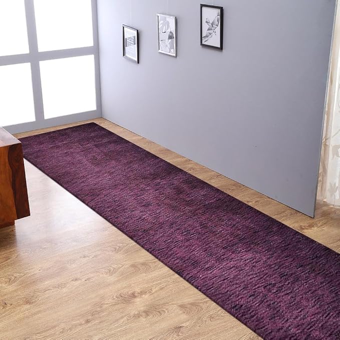 Hand Knotted Loom Wool ECO-Friendly Area Rugs - 2'8''x12', Runner, Purple Color, Solid Plain Design, High Pile Handmade Anti Skid Area Rugs for Living Room, Bed Room (L00111)