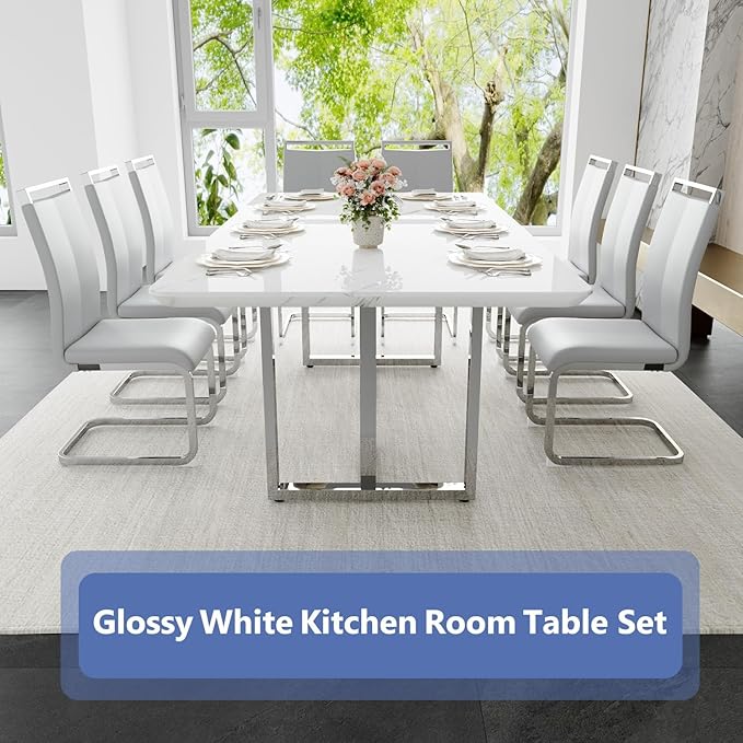 JUFU Dining Room Table Set for 8, Dinner Set for 8 with 79'' Faux Marble Tabletop and Sturdy T-Shape Leg, White Rectangle Dining Room Sets for 8 with PU Chairs, Perfect for Dining Room and Kitchen