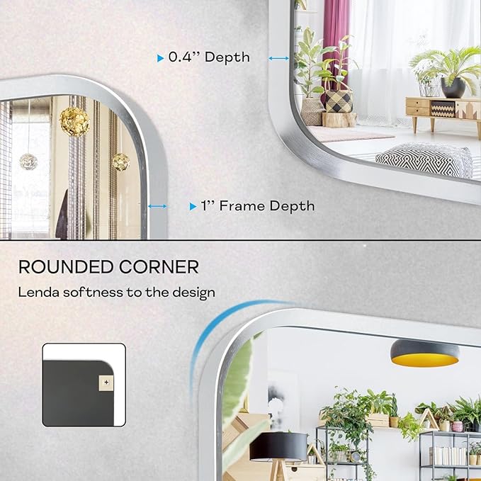 Wall Mount Mirror for Bathroom, Brush Silver Metal Framed Rounded Corner Square Rectangular Vanity Mirror (30" x 30", Silver)