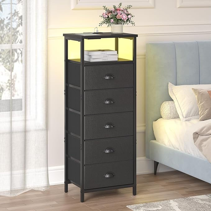 Nightstand with Charging Station,LED Black Nightstands with 5 Fabric Drawers PU Finish, Bedside End Tables, 2-Tier Open Storage Shelf Side Table Nightstand with Drawers for Bedroom, Black