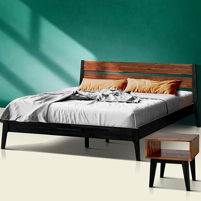 Acacia Callisto King Solid Wood Platform Bed Frame with Headboard – Gift Matching Nightstand Included, Mid-Century Modern, Black Ristretto, No Box Spring Needed, Sturdy, Easy Assembly