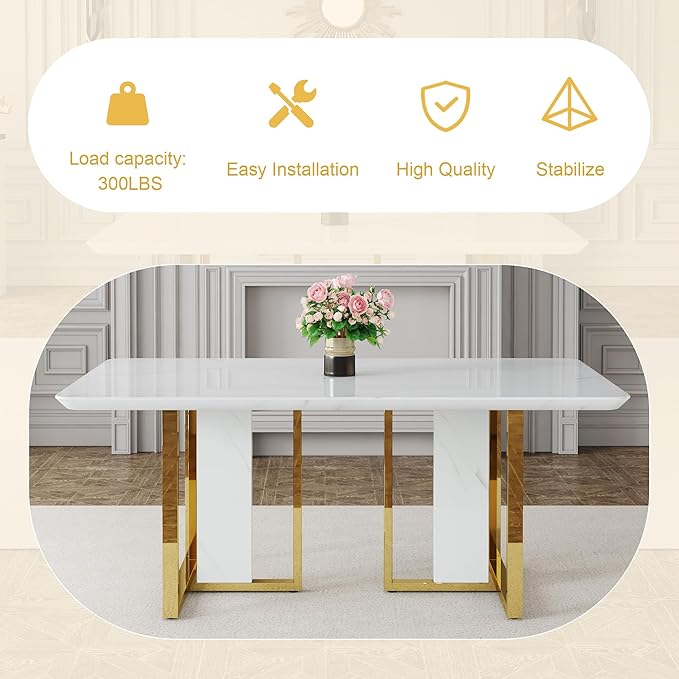 JUFU Dining Table Set for 6 with Chairs PU Upholstered, 67'' White Faux Marble Dining Room Table and Chairs, Modern 6 Chair Dining Table Set, Rectangle Dinner Table Set for Dining Room and Kitchen