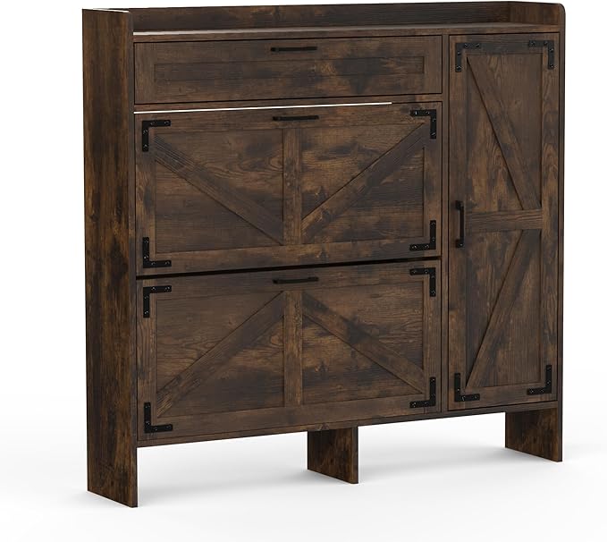 Shoe Cabinet with 2 Flip Drawers, Shoe Storage Cabinet for Entryway, Shoe Rack with Adjustable Side Cabinet, Freestanding Hidden Shoe Cabinet Organizer with Storage Drawers, Rustic Brown, L