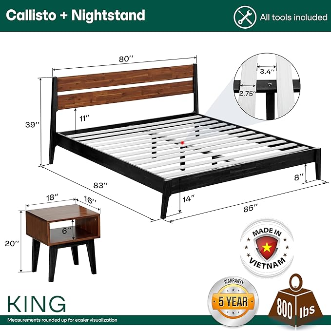 Acacia Callisto King Solid Wood Platform Bed Frame with Headboard – Gift Matching Nightstand Included, Mid-Century Modern, Black Ristretto, No Box Spring Needed, Sturdy, Easy Assembly