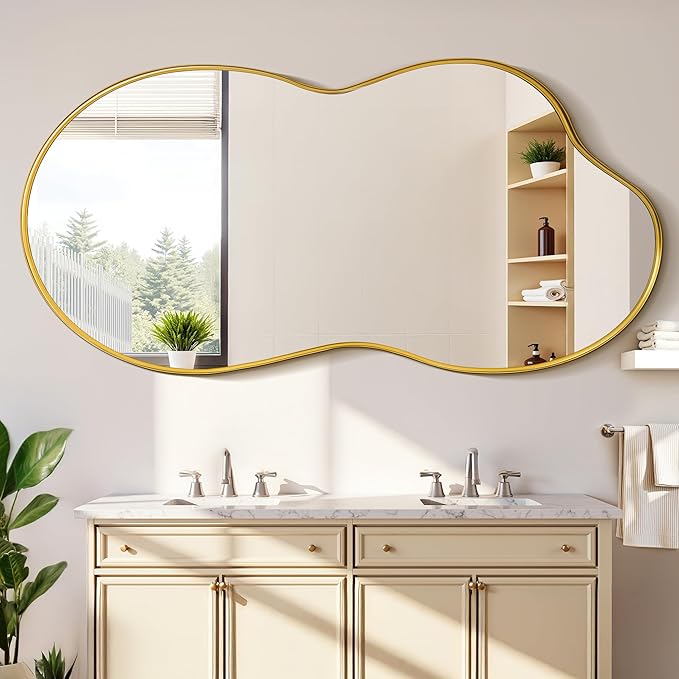 Suidia Irregular Wall Mirror, 48"x26" Bathroom Mirror Asymmetrical Mirrors Artistic Mirrors Decorative for Living Room Bedroom Bathroom Hallway Entryway, Gold, Cloud Style