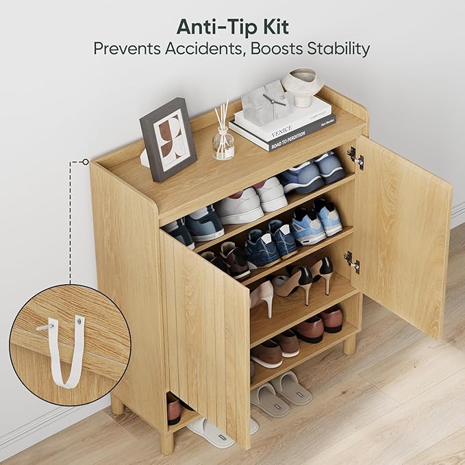 Shoe Cabinet for with Line Grooved Doors, 5-Tier Wooden Shoe Organizer Cabinet for Entryway, Hallway, Closet, Living Room, Natural Oak