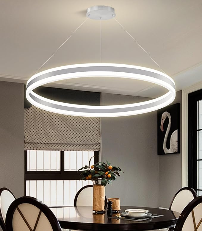 D31.5'' Modern Ring Chandelier for Dining Room LED Dimmable Pendant Lighting High Ceiling Chandelier for Living Room Foyer Bedroom Entryway 3000K-6000K Silver