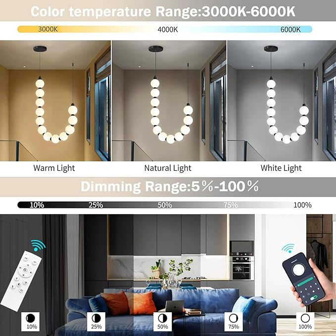 Modern Chandeliers LED Dimmable Light Acrylic Balls Ceiling Pendant Lighting for Living Room Dining Room Bedroom Adjustable Hanging Lights 25 Watts Black Lamp