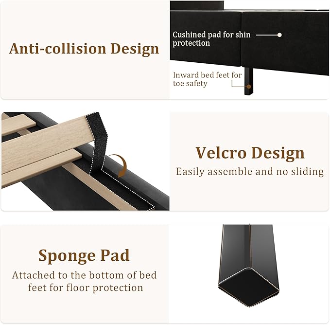 57.5" Tall King Size Upholstered Bed Frame with Rolled Headboard and Footboard, Plaform Bed Frame with Deep Button Tufting, Soft Chenille Fabric, Noise Free, No Spring Box Needed, Black