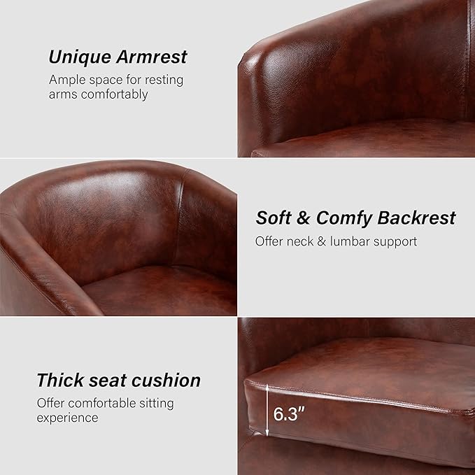 Swivel Barrel Chair, Modern Round PU Leather Accent Armchair for Living Room, Bedroom, Oversized Comfy Club Reading Chairs for Adults (Leather Red Brown, Set of 2)