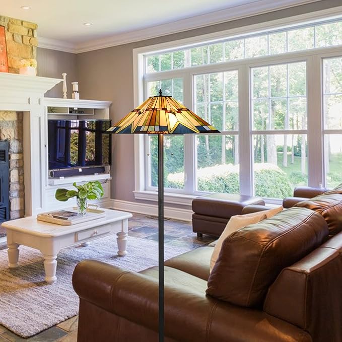 Tiffany Style Floor Lamp Vintage Stained Glass Shade 65” Tall Mission Floor Standing Reading Corner Light Fixture for Bedroom, Living Room, Office, Multi-Colored