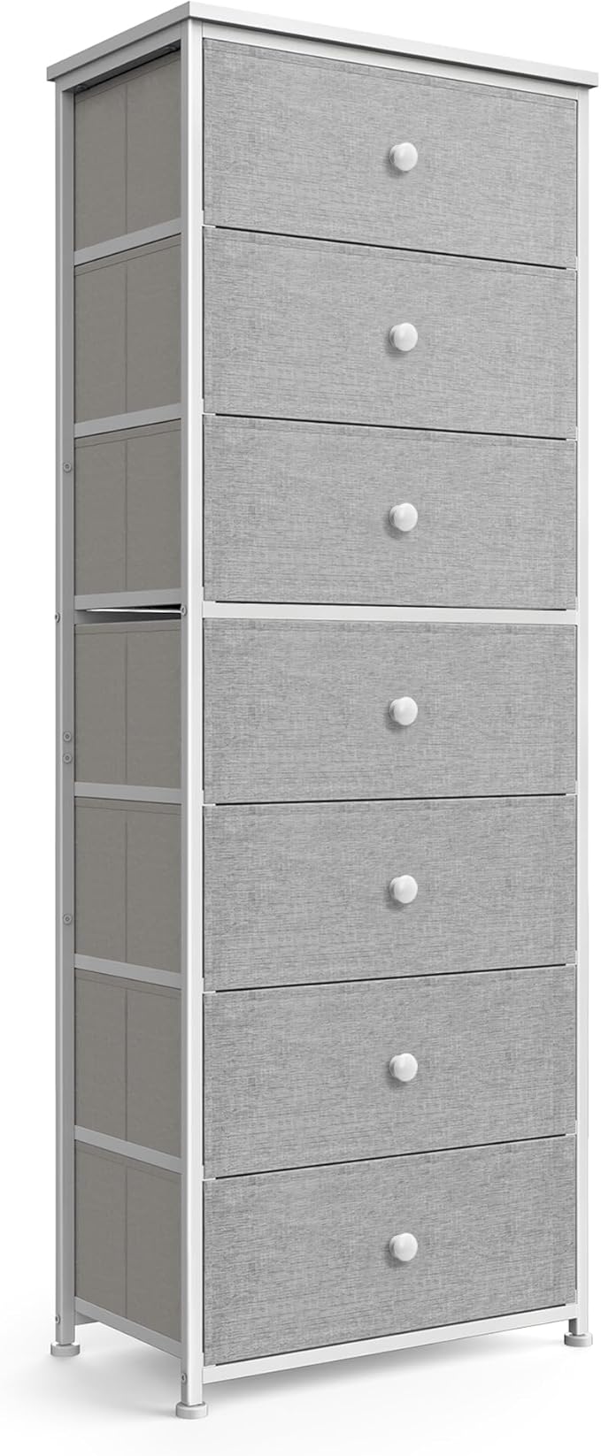 Tall Fabric Dresser for Bedroom, Vertical Storage Organizer Tower with 7 Drawers, Chest of Drawers with Bins, Steel Frame, Wood Top for Bedroom, Closet, Entryway Light Grey