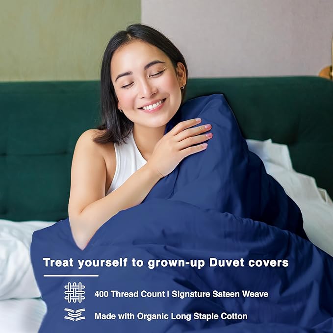Fabdreams GOTS Certified 100% Organic Cotton Duvet Cover Queen Size - 400 TC Sateen - Soft - Silky - Zipper Closure - Edge Ties - 1 Duvet Cover (90"x92")+2 Pillow Shams (20"x26") - Dark Blue, 3 Piece