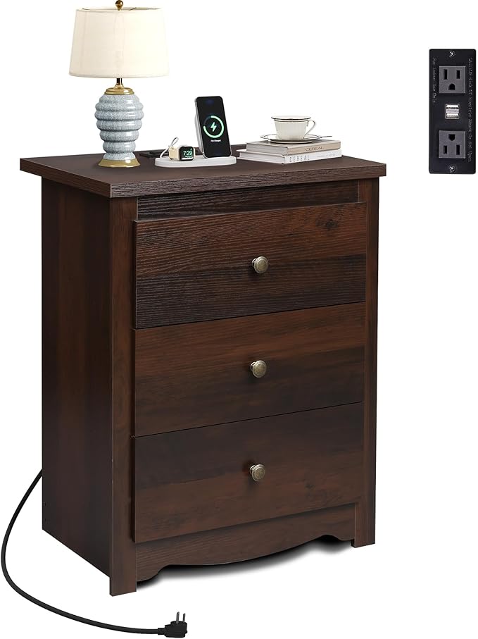 WLIVE Tall Nightstand with Charging Station, Wood Nightstand with 3 Drawers, Bedside Tables Bedroom, Dorm, End Table with 2 USB Ports and 2 AC Outlets, Bedside Table, Espresso