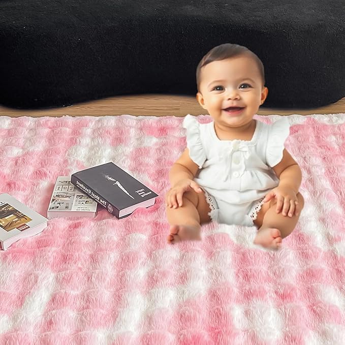 Pink White Rabbit Plush Area Rug for Bedroom Living Room Sofa,5'X8' Faux Fur Fluffy Shaggy Rectangular Square Rug for Kids Teen Girls Room,Furry Carpet Rug for Nursery Baby Room Decor for Teenage