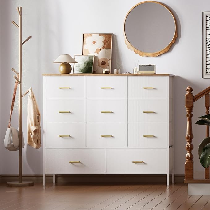 Wide TV Stand Modern TV Console, 11 Drawers Tall Dresser for Bedroom, Fabric Storage Cabinet, Chest of Drawers for Closet, Nursery, Living Room（White）
