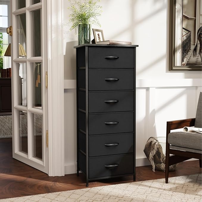 Crestlive Products Vertical Dresser Storage Tower - Sturdy Steel Frame, Wood Top, Easy Pull Fabric Bins, Wood Handles - Organizer Unit for Bedroom, Hallway, Entryway, Closets - 6 Drawers (Black)