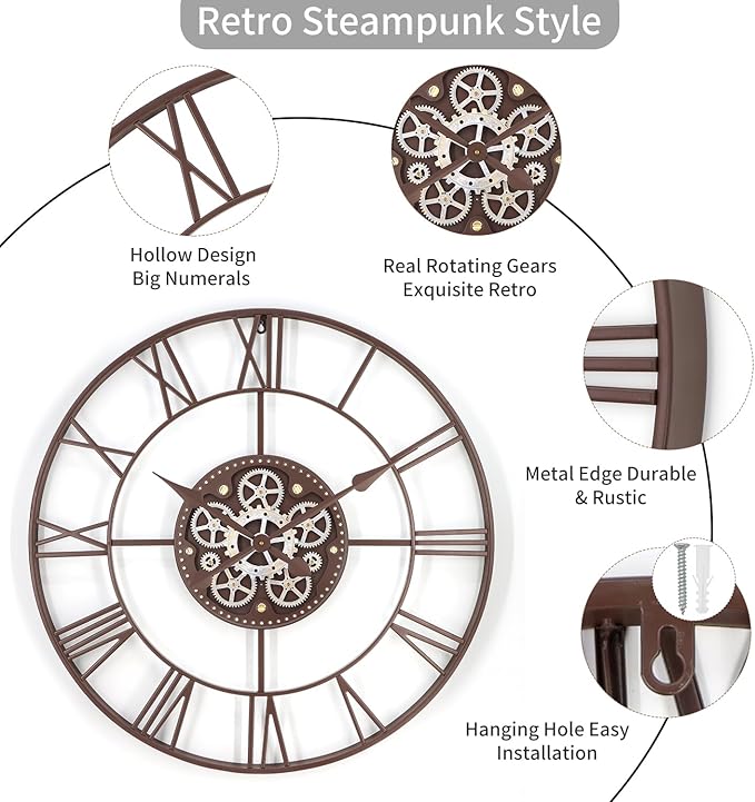29 Inch Large Wall Clocks for Living Room Decor with Moving Gears,Large Wall Clock Industrial Steampunk,Oversized Metal Analog Wall Clocks for Farmhouse Home Battery Operated
