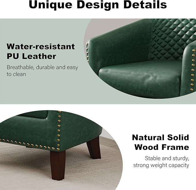 Accent Barrel Chair, Upholstered Faux Leather Club Chair with Nailed Trim, Comfy Reading Armchair for Living Room Bedroom Reception Room Office (Dark Green, Set of 4)