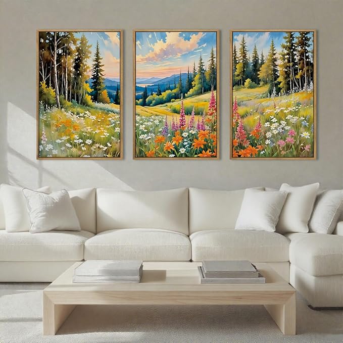 Anyzal Colorful Woodland Wall Art Large Floral Field Wall Decor 16x24 Inch Set of 3 for Living Room Bedroom Dining Room